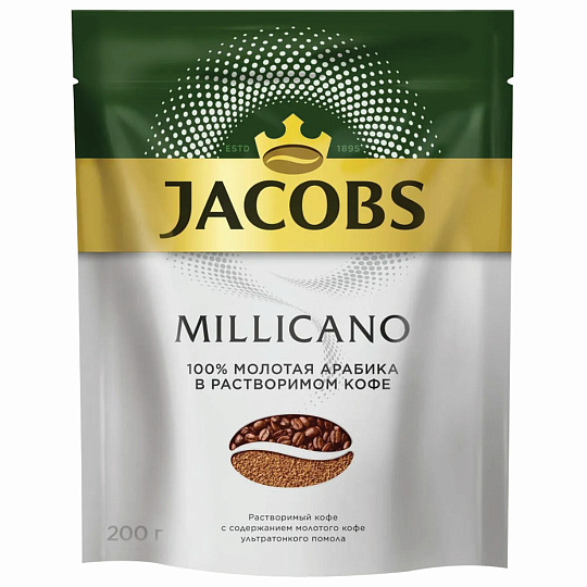 Кофе молотый в растворимом JACOBS "Millicano", сублимированный, 200 г, мягкая упаковка, 8052484