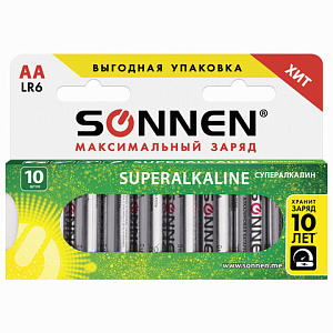 Батарейки КОМПЛЕКТ 10 шт., SONNEN Super Alkaline, АА (LR06,15А), алкалиновые, пальчиковые, в коробке, 454231