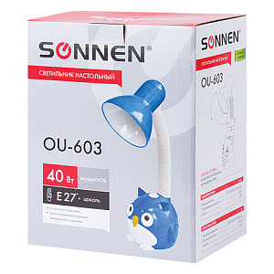 Светильник настольный SONNEN OU-603, на подставке, цоколь Е27, "Сова", синий, 236674