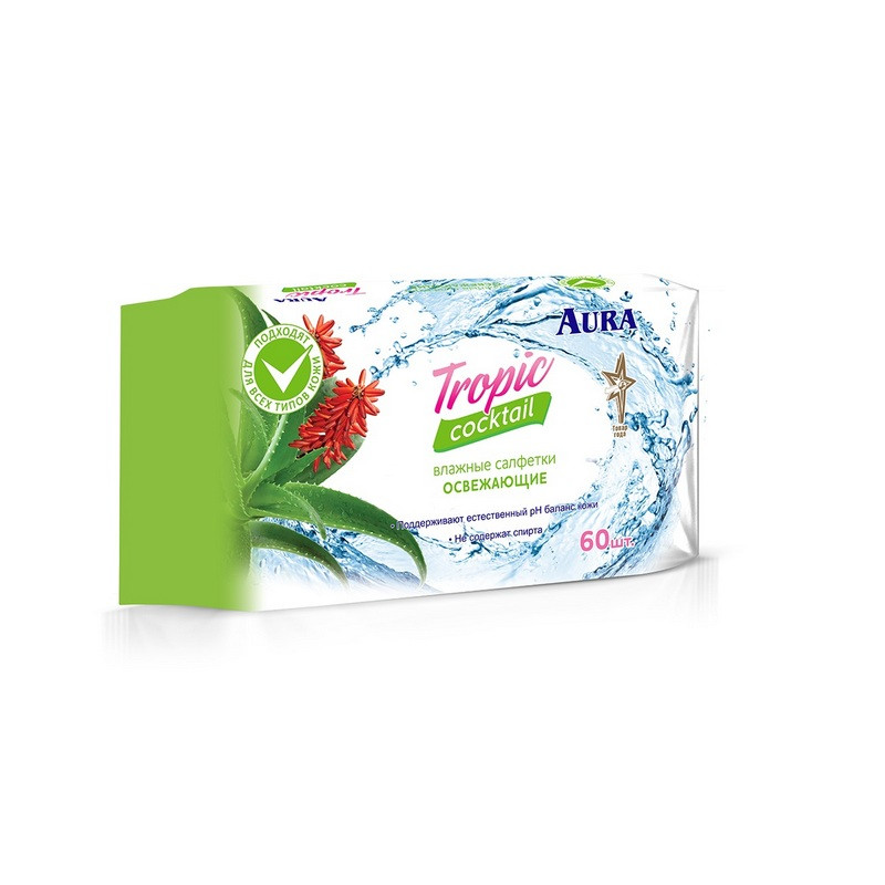 Салфетки влажные AURA TROPIC COCKTAIL 60шт.