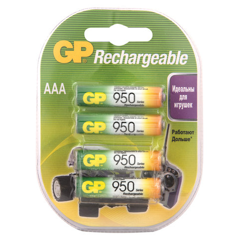 Батарейки аккумуляторные КОМПЛЕКТ 4 шт., GP, AAA (HR03), Ni-Mh, 950 mAh, блистер, 95AAAHC-2DECRC4