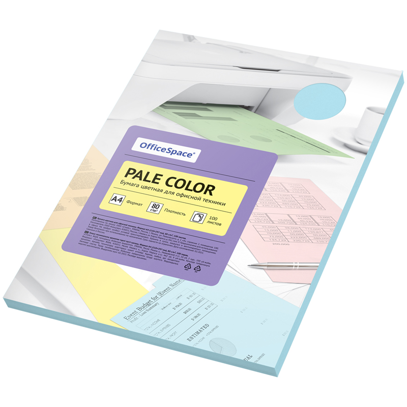 Бумага цветная OfficeSpace "Pale Color", A4, 80г/м², 100л., (голубой)