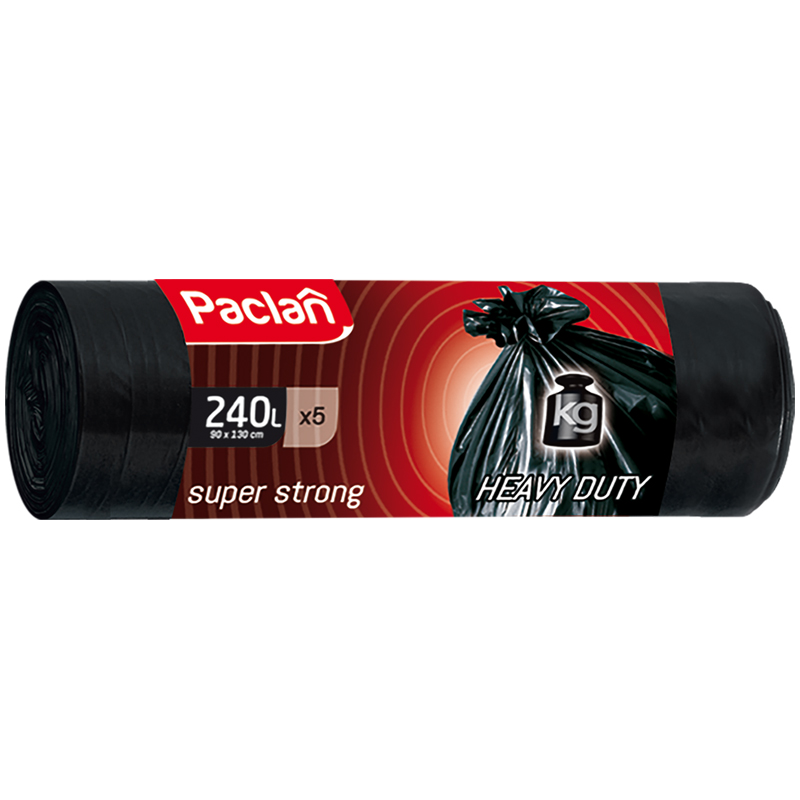 Мешки для мусора 240л Paclan "Super strong" ПВД, 90*130см, 30мкм, 5шт., черные, в рулоне