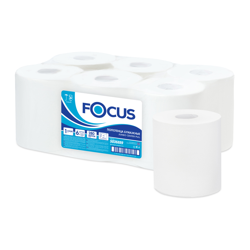 Полотенца бумажные в рулонах Focus Jumbo, 1-слойные, 280м/рул, ЦВ, белые