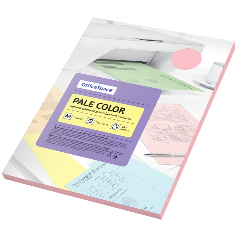 Бумага цветная OfficeSpace "Pale Color", A4, 80г/м², 100л., (розовый)
