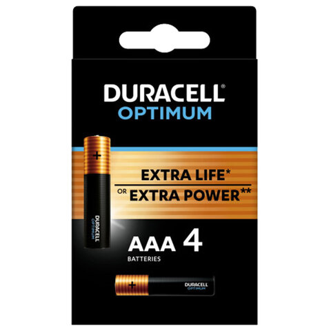 Батарейки КОМПЛЕКТ 4шт DURACELL Optimum AAA(LR03,24А), х30 мощность, алкалин мизинчиковые,(ш/к 8726), 5014062