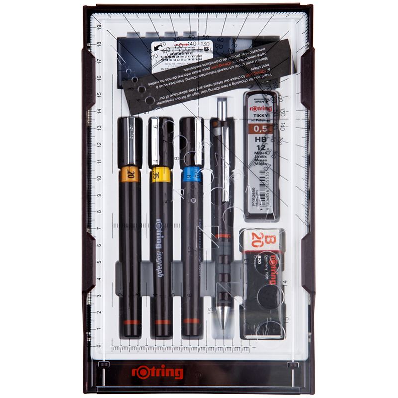 Набор изографов Rotring 0,2/0,35/0,7мм, мех. карандаш 0,5мм, грифели, ластик, насадка для циркуля