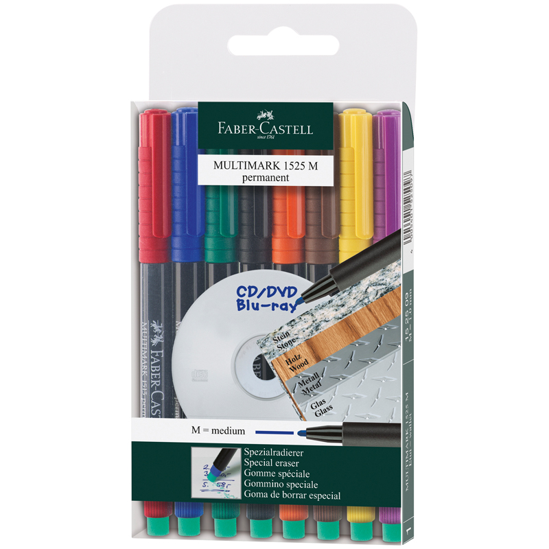 Набор перман. маркеров Faber-Castell "Multimark permanent" M, 08цв., пулев., 1,0мм, с ластиком