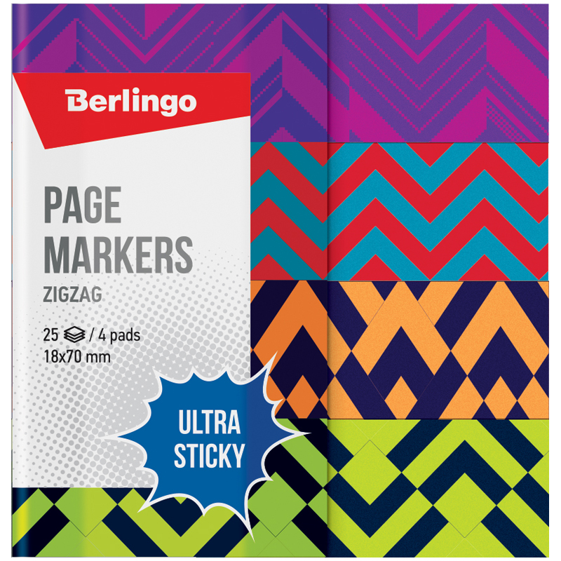 Флажки-закладки Berlingo "Ultra Sticky" "Zigzag", 18*70мм, бумажные, в книжке, с дизайном, 25л*4 бл.