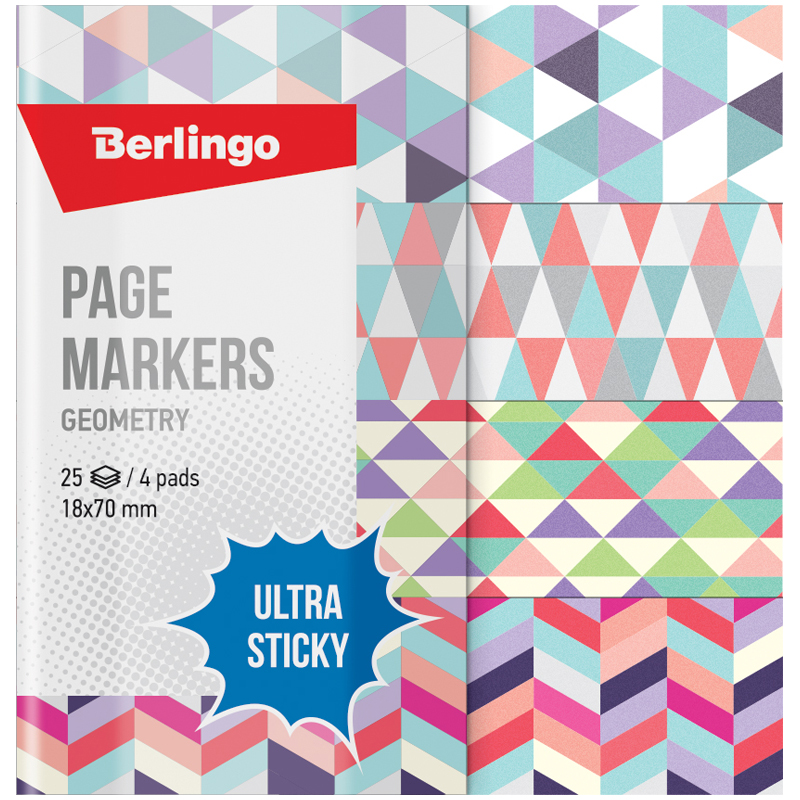 Флажки-закладки Berlingo "Ultra Sticky" "Geometry", 18*70мм, бумажные, в книжке, с дизайном, 25л*4 бл
