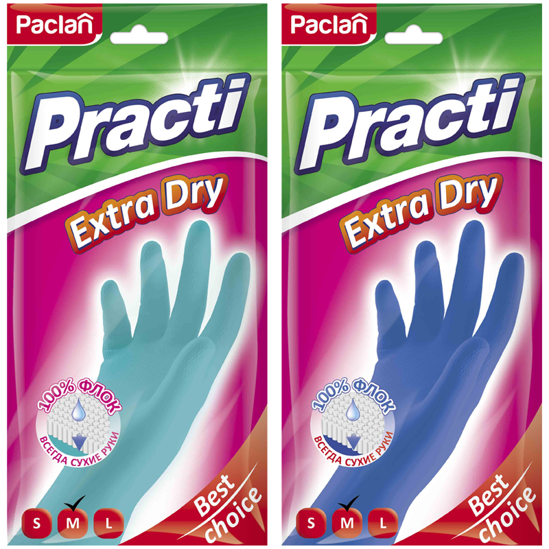 Перчатки резиновые Paclan "Practi Extra Dry", M, цвет микс, пакет с европодвесом