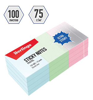 Самоклеящийся блок Berlingo "Ultra Sticky", 50*40мм, 12 блоков по 100л, 3 пастельных цвета