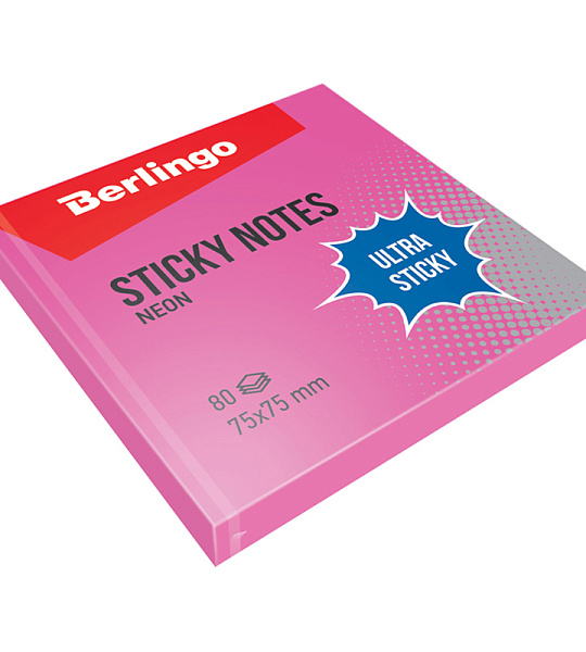Самоклеящийся блок Berlingo "Ultra Sticky", 75*75мм, 80л, розовый неон