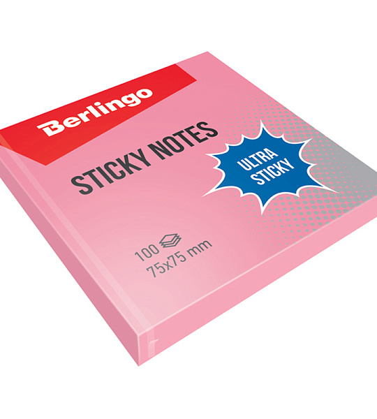 Самоклеящийся блок Berlingo "Ultra Sticky", 75*75мм, 100л, пастель, розовый