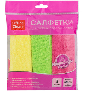 Салфетки для уборки OfficeClean "Стандарт", набор 3шт.,универ., плотная микрофибра,30*30см, ассорти