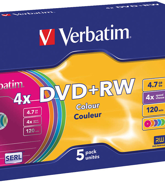 Диск DVD+RW 4.7Gb Verbatim 4x SERL Color Slim (5шт)