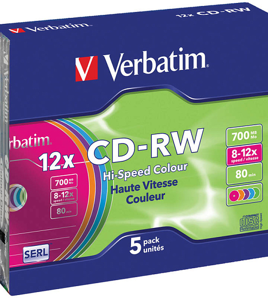 Диск CD-RW 700Mb Verbatim 8-12х Color Slim Case (5шт)