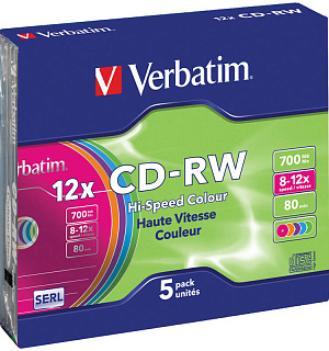 Диск CD-RW 700Mb Verbatim 8-12х Color Slim Case (5шт)