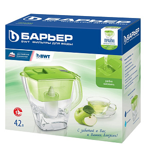 Кувшин-фильтр для воды Барьер "Прайм" зеленое яблоко, с картриджем, 4,2л, индикатор механический