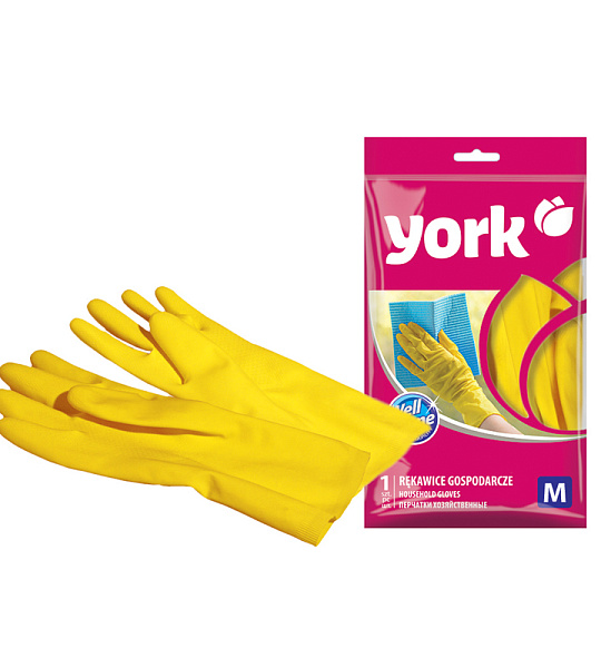 Перчатки резиновые York, суперплотные, с х/б напылением, р. M, желтые, пакет с европод.