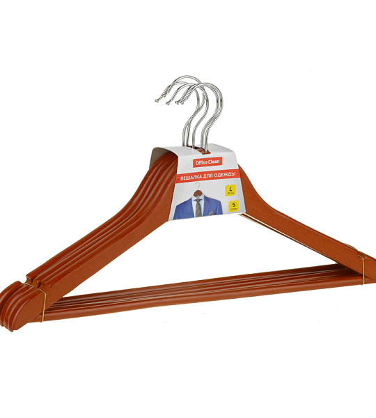Вешалка-плечики OfficeClean, набор 5шт., деревянные, с перекладиной, 45см, цвет вишня