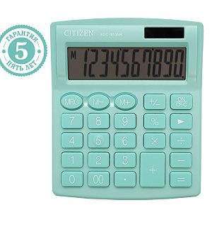 Калькулятор настольный Citizen SDC-810NR-GN, 10 разрядов, двойное питание, 102*124*25мм, бирюзовый