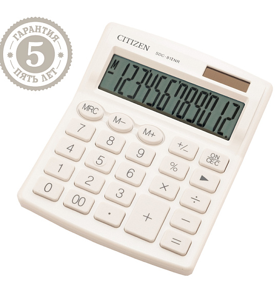 Калькулятор настольный Citizen SDC-812NR-WH, 12 разрядов, двойное питание, 102*124*25мм, белый