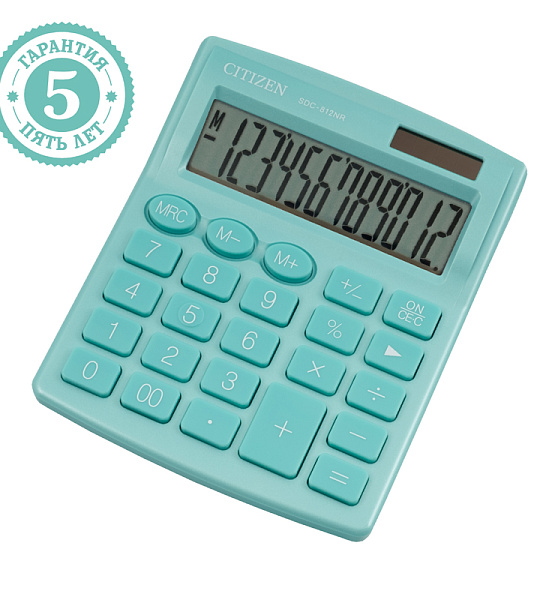 Калькулятор настольный Citizen SDC-812NR-GN, 12 разрядов, двойное питание, 102*124*25мм, бирюзовый