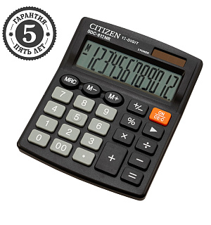 Калькулятор настольный Citizen SDC-812NR, 12 разрядов, двойное питание, 102*124*25мм, черный