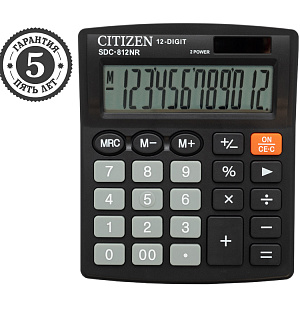 Калькулятор настольный Citizen SDC-812NR, 12 разрядов, двойное питание, 102*124*25мм, черный