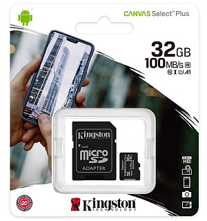 Карта памяти Kingston MicroSDHC 32GB UHS-I U1 Canvas Select Plus, Class 10 скорость чтения 100Мб/сек