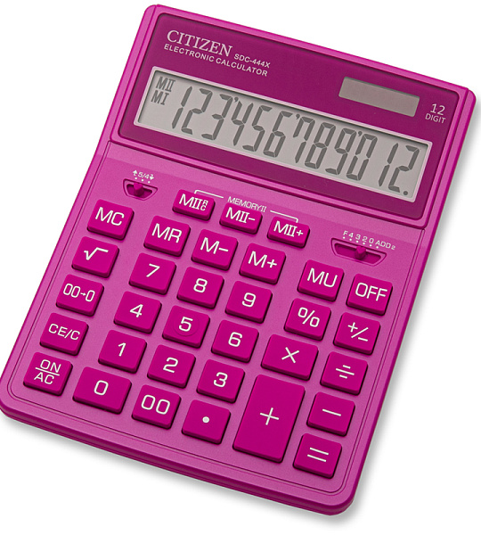 Калькулятор настольный Citizen SDC444XRPKE, 12 разрядов, двойное питание, 155*204*33мм, розовый