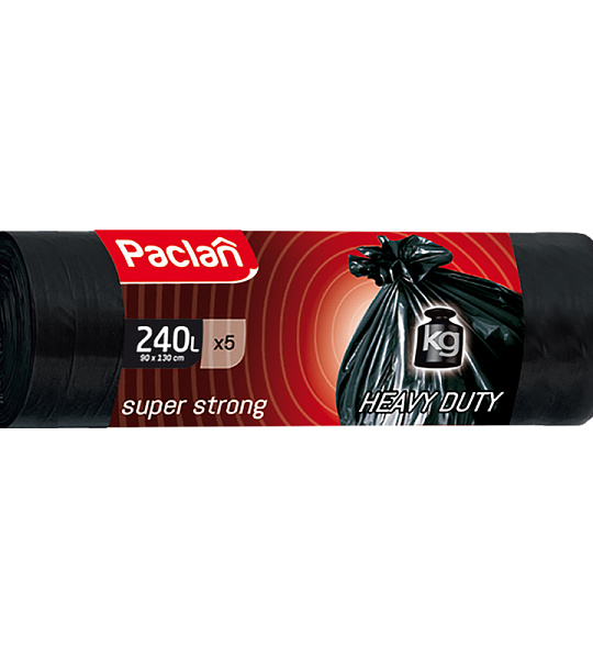 Мешки для мусора 240л Paclan "Super strong" ПВД, 90*130см, 30мкм, 5шт., черные, в рулоне