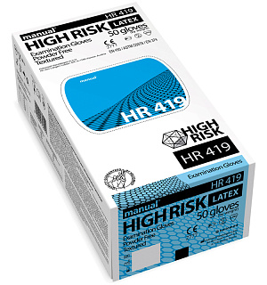 Перчатки латексные медицинские Manual "High Risk HR419", M, 50шт., неопудренные, особо прочные, картон. коробка