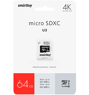 Карта памяти SmartBuy MicroSDXC 64GB PRO U3, Class 10, скорость чтения 95Мб/сек (с адаптером SD)