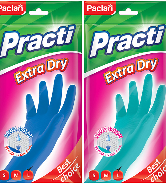 Перчатки резиновые Paclan "Practi Extra Dry", L, цвет микс, пакет с европодвесом