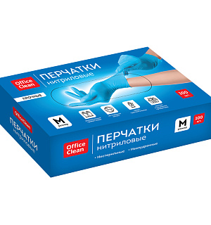 Перчатки нитриловые голубые OfficeClean, неопудренные, прочные, разм.M, 50 пар (100шт), карт.короб.