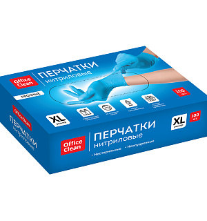 Перчатки нитриловые голубые OfficeClean, неопудренные,прочные, разм.XL, 50 пар (100шт), карт.короб.