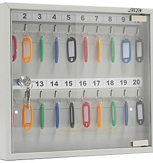 Ключница Aiko Key-20G на 20 ключей, 302*367*40мм, ключевой замок, металл, серый, стекл. дверца, с брелоками