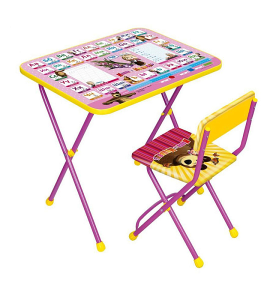 Набор складной мебели (стол + стул) Nika kids КП2/3 "Маша и медведь" с азбукой №3, ламинир. столешница, сиденье мягкое/ткань, розовый/желтый