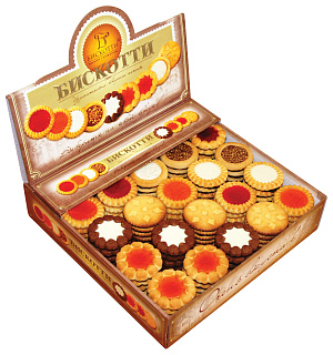 Печенье БИСКОТТИ (Россия) "Ассорти", 9 видов, глазированное, сдобное, 1,9 кг, картонный шоу-бокс