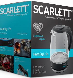Чайник электрический Scarlett SC-EK27G74, 1.7л, 2200Вт, с подсветкой, стекло/пластик