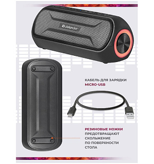Колонка портативная Defender Enjoy S1000, 2*10W, Bluetooth, FM, microSD, USB, 2000мА*ч, подсветка, черный