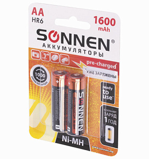 Батарейки аккумуляторные КОМПЛЕКТ 2 шт., SONNEN, АА (HR6), Ni-Mh, 1600 mAh, в блистере, 454233