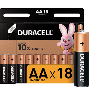 Батарейки КОМПЛЕКТ 18 шт., DURACELL Basic, AA (LR06, 15А), алкалиновые, пальчиковые, блистер