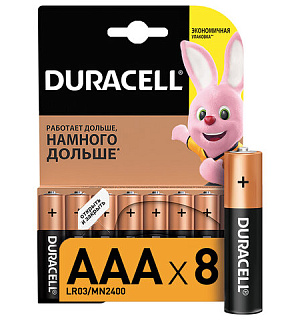 Батарейки КОМПЛЕКТ 8 шт., DURACELL Basic, AAA (LR03, 24А), алкалиновые, мизинчиковые, блистер, 81267262