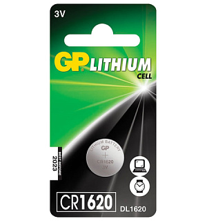 Батарейка GP Lithium, CR1620, литиевая, 1 шт., в блистере, CR1620-7C1
