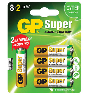 Батарейки КОМПЛЕКТ 10 шт. (промо 8+2), GP Super, AA (LR06,15А), алкалиновые, пальчиковые, блистер, 15A8/2-CR10