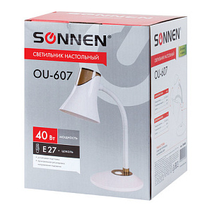 Светильник настольный SONNEN OU-607, на подставке, цоколь Е27, белый/коричневый, 236680