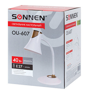 Светильник настольный SONNEN OU-607, на подставке, цоколь Е27, белый/коричневый, 236680
